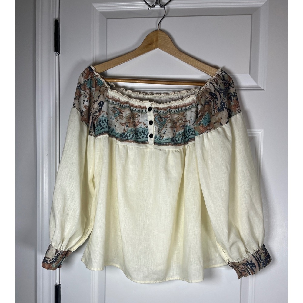 Boho Off The Shoulder Peasant Blouse Cream Paisley Print Long Sleeve Top